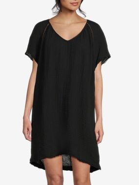 Michael Stars Gauze Cotton Dress Black V-Neck Tunic Short Sleeve Crochet Trim S